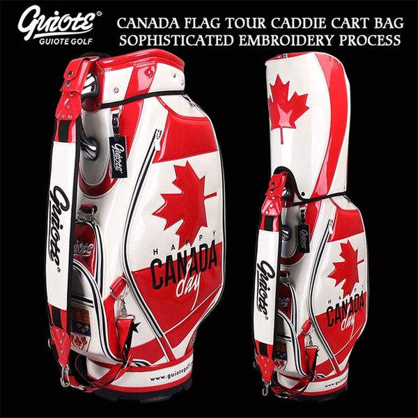 

canadian flag golf caddie cart bag pu leather golf tour staff bag 5-way come with rainhood for men women
