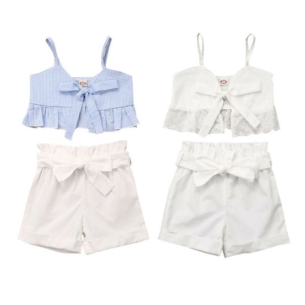 

1-5y toddler kids baby girls clothes strap ruffle sleeveless crop vest t-shirt bow shorts pants summer outfits 2pcs set, White
