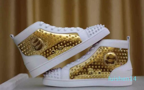 

design brand rivets casual shoes for men and womens designer couple red bottom sneakers high studded males women flat shoes al14, Black