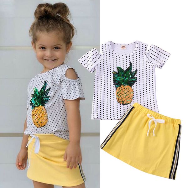 

canis summer baby girl sequin pineapple polka dot shirt + mini dress yellow skirt clothes outfits set, White