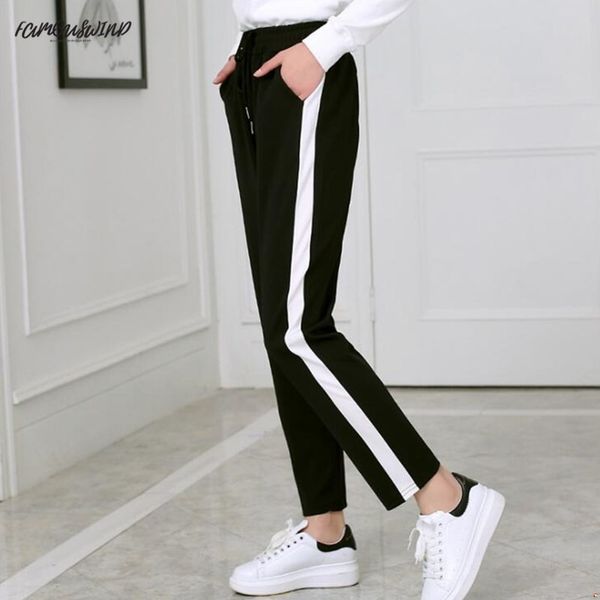 

black autumn winter women casual sweatpants and white striped printed side pant ladies loose trousers joggers sweat pants, Black;white