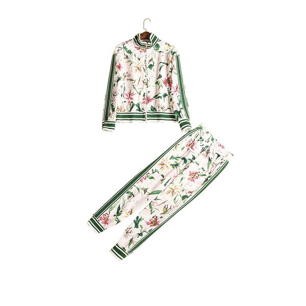 

european and american stars with the same paragraph lily printed jacket + trousers casual suit, White