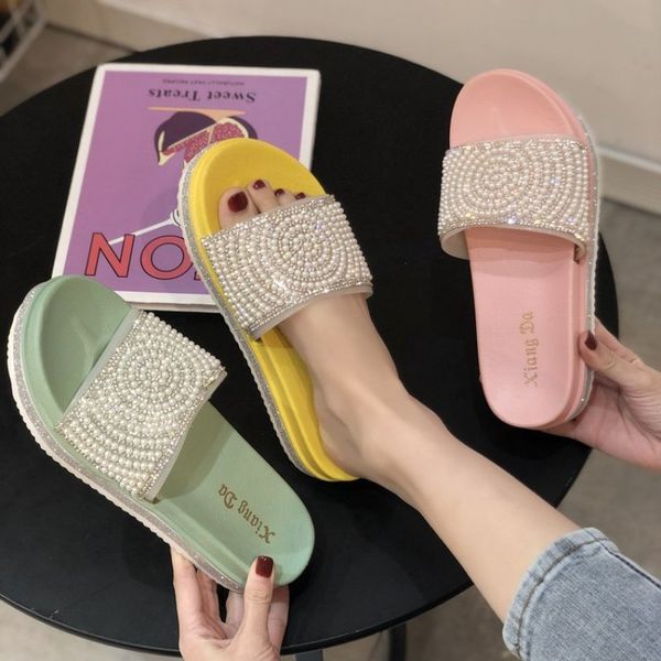 

fashion slippers women summer 2020 new thick platform flats non-slip fake pearls students slides sandals, Black
