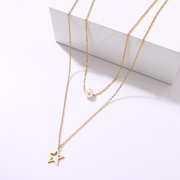 

cacana fashion pearl hollow star double layer necklace accessories women necklaces bijoux wedding gifts stainless steel jewelry, Silver