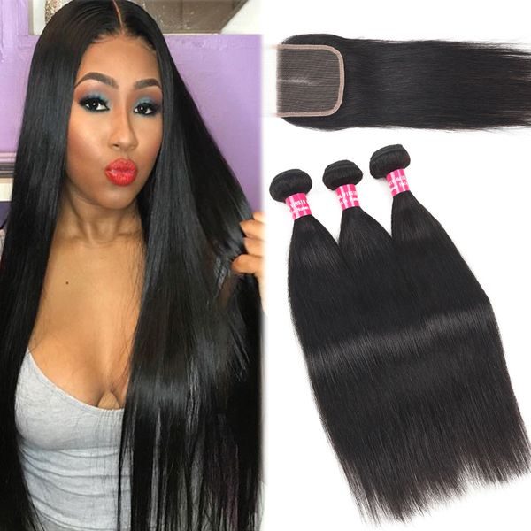 Silk Straight Brazilian Virgin Hair Bundles With 4x4 Lace Closure
