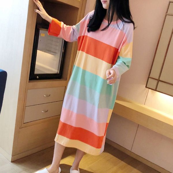 

autumn winter fashion sleepwear long-sleeved nightgowns women rainbow striped nightdress, Black;red