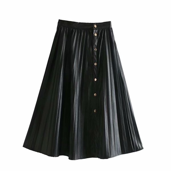 

women faux leather pleated skirt fashion loose a-line skirts female 2019 autumn winter elegant office lady midi skirt, Black