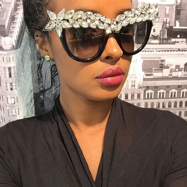 

xykgr fashion luxury rhinestone cat eye sunglasses ladies crystal rhinestone sunglasses large size frame 2018 glasses, White;black