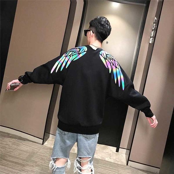 

nicemix ins grilfriend oversize long sleeves couple clothes reflective wing print harajuku sweatershirts men women fashion, Black