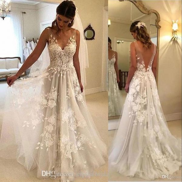 

summer beach a line wedding dresses illusion v neck lace 3d floral appliques open back sweep train plus size formal bridal gown, White