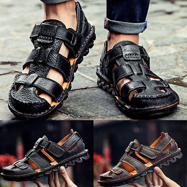 

perimedes summer men shoes mens casual leather sandals flats beach walking non-slipsoft bottom casual shoes chaussure homme, Black