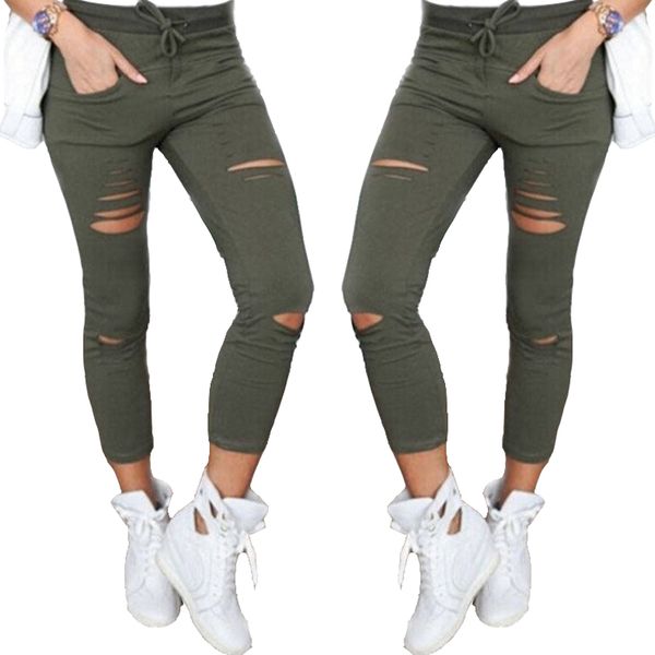 

2018 casual women's high-waist jeans trousers cotton hole knee jeans skinny pencil pants stretch casual pants skinny, Blue