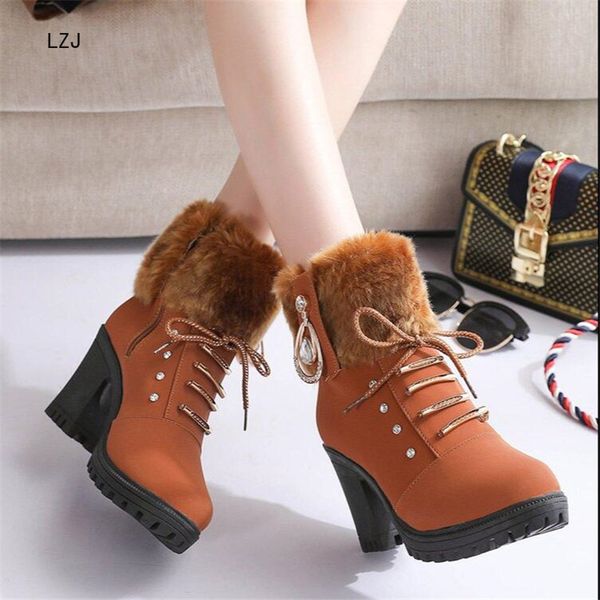 

2019 ankle boot women warm plush snow booties winter lace up crystal design woman fashion shoes high square heels size 35-41, Black