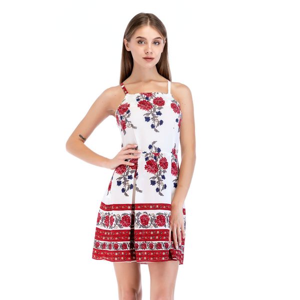 

women flower printing sleeveless backless mini dress princess dress a-line spaghetti strap bohemian w429, Black;gray