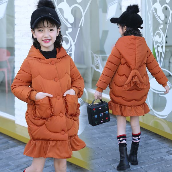 

3-13t girls hooded warm jackets fashion sweet solid children's parka down cotton-wadded jacket thickening fishtail hooded coat, Blue;gray
