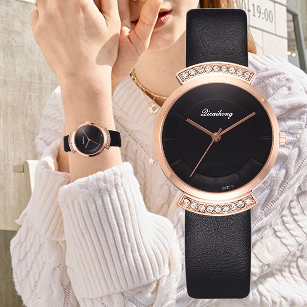 

ladies casual watch 2019 women black leather strap quartz wristwatches women's crystal fashion bracelet clock gift, Slivery;brown