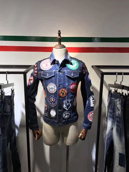 

mens fashion boutique jackets letter trend washed d2 denim jacket student couple with the same paragraph c14, Black;brown