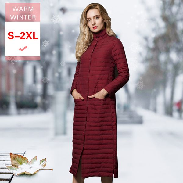 

women fashion x-long white duck down jacket female ultra light slim thin warm windproof lightweight feather coat stand collar, Black