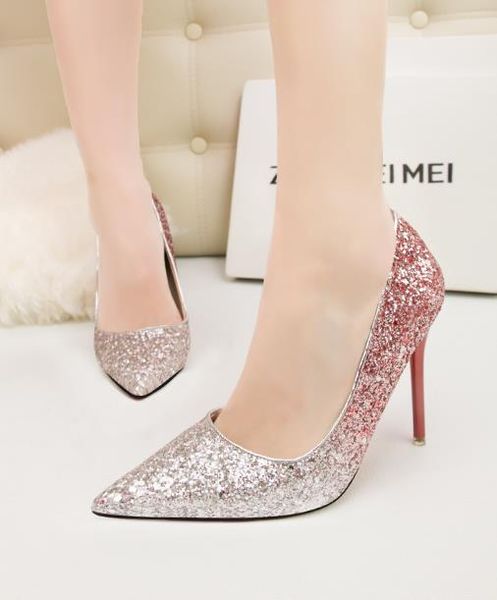 

11cm stiletto heel gradient sequins pumps pointed toe glittler bridal wedding banquet shoes red purple blue with bottom red xshfbcl lll, Black