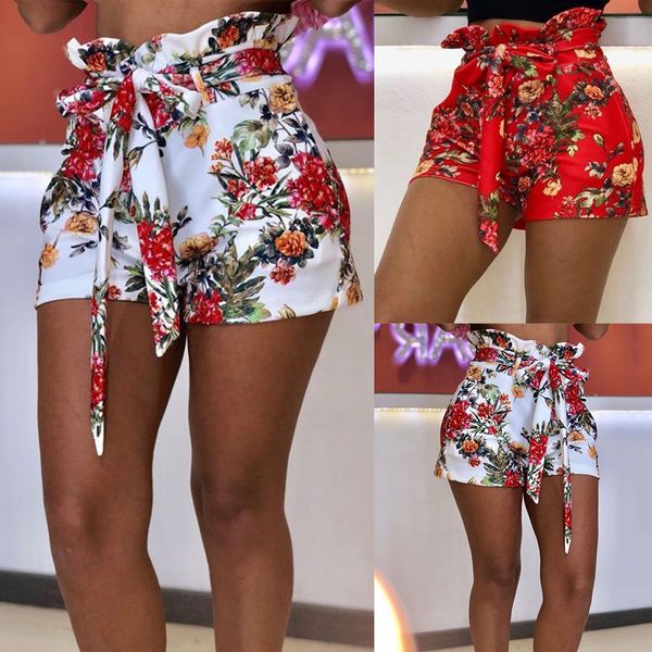 

2019 new listing plus size floral printed high waist estic waist lace up women shorts shorts summer, White;black