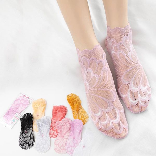 

new spring fashion women summer cotton lace flower pattern antiskid invisible liner low cut socks ankle socks skidproof hosiery, Black;white