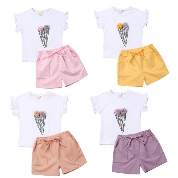 

2pcs summer toddler baby kids girls clothes sets 1-6y ice cream shirt +shorts pants outfits clothes set, White