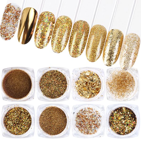 

8pcs nail glitter powder set mirror gold holographic flakes paillette colorful sequins spangles polish manicure decor sa1506-07, Silver;gold