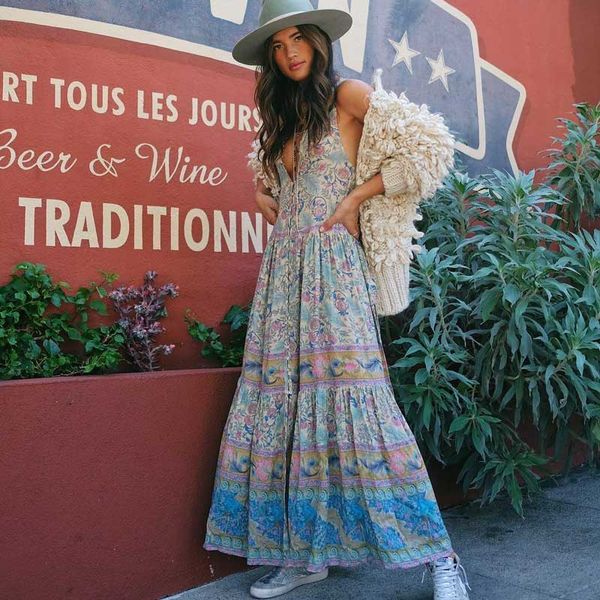

vintage inspired summer dress floral peacock print high splits buttons down sleeveless maxi women dress hippie boho 2018, Black;gray