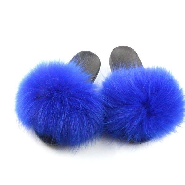 

wholesale custom large gross fluffy raccoon fur slide slide sandals full female real fox fur slippers, Black