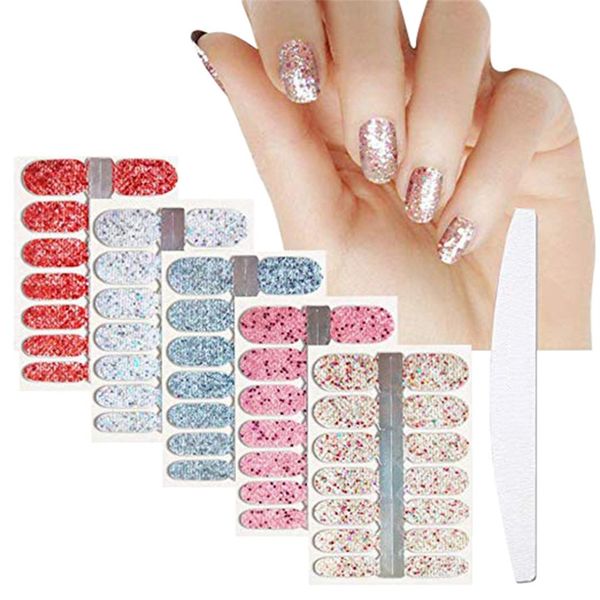 

new shine glitter nail stickers 5pcs nail wraps polish decal strips file adhesive shine nails 0806#30, Black