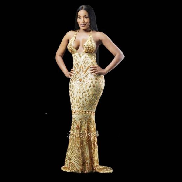 

African Gold Mermaid Prom Dresses 2019 Halter V Neck Sequined Black Girls Evening Dress Sparkly Shining Party Gowns robes de soirée