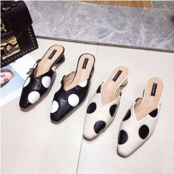 

slippers casual female shoes med pointed toe slides square heel luxury 2020 cover block summer soft microfiber hoof heels, Black