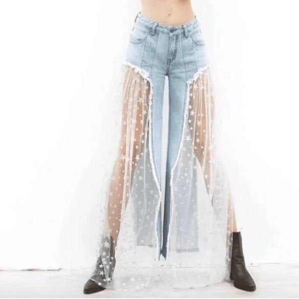 

lace mesh spliced denim pants women summer casual star print perspective long outwear loose women wide leg pants jeans, Blue