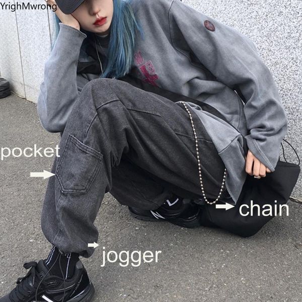 

harajuku streetwear korean women man cargo pocket hip hop harem jogger denim pant punk chain gothic vintage tracksuit summer new, Black;white