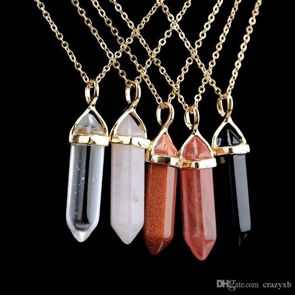 

hexagonal column quartz necklaces pendants vintage natural stone bullet crystal necklace for women jewelry, Silver