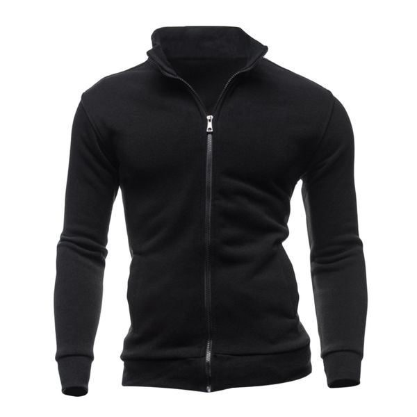 

new stand collar fleece jacket hoodies men fashion solid color zipper pockets sweatshirt autumn winter warm male tracksuit coat, Black