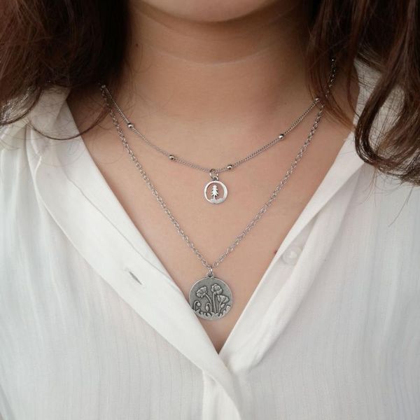 

layered disk necklace dainty flower pine tree necklace nature jewelry gift for traveler, Silver