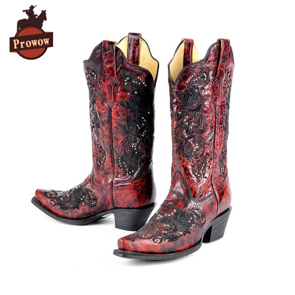

prowow women western cowboy half boots cow genuine leather handmade high heels embroider motorcycle mid calf corral boots, Black