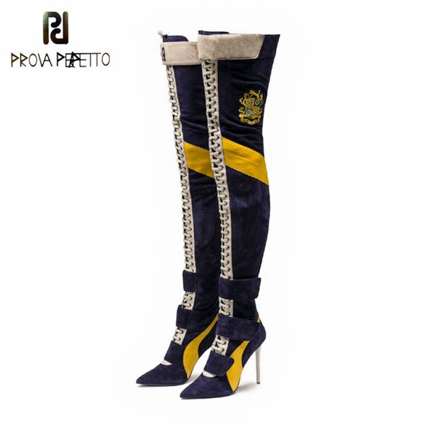 

prova perfetto fashion runway over the knee boots punk style velvet motorcycle boots cross tied thigh high women, Black