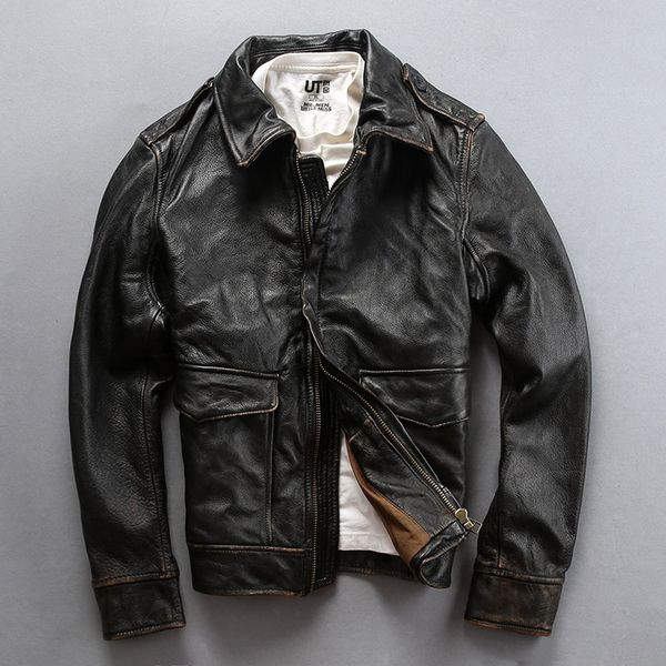 

epaulet 2020 men's vintage genuine cowhide leather coat men american flight jacket male, Black