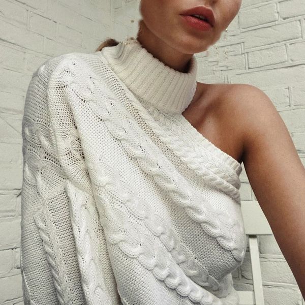 

2018 women one shoulder turtleneck pullover sweater long sleeve white solid jumper casual loose knitted sweater, White;black