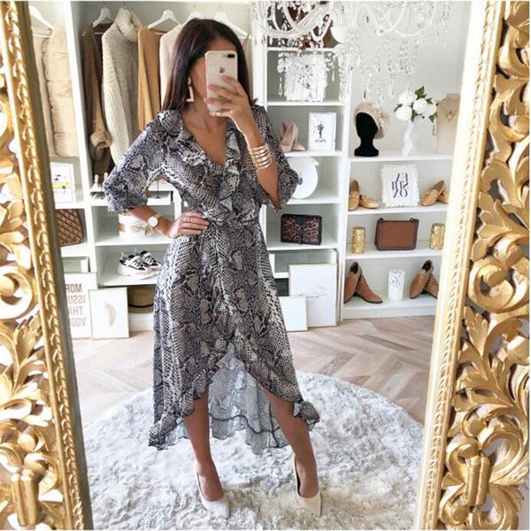 

summer women dress snake print ladies maxi dresses ruffle dress sundress sundress split party dresses women evening clubwear, Black;gray