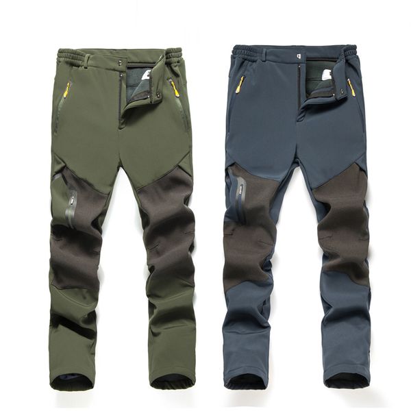 

summer men thick warm fleece softshell pants fishing camping trekking skiing trousers waterproof windproof outdoor hiking pants, Black;green