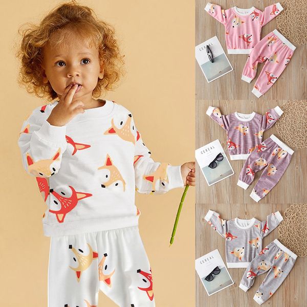 

toddler baby boys girls clothing cartoon t-shirt +pants pajamas sleepwear outfits fashion long sleeve o-neck baby outfits, White