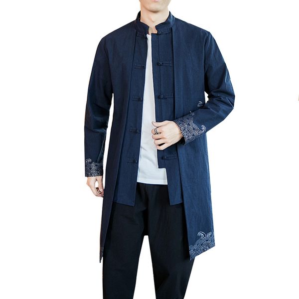 

chinese national style long windbreaker jacket men streetwear long jacket male hip hop windbreaker man stand collar vintage coat, Tan;black