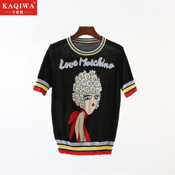 

beauty pattern short sleeve knitted pullover 2020 summer new women's color contrast bottoming korean fashion versatile top, White;black
