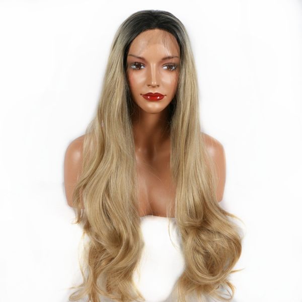 Natural Hairstyle Long Body Wave Dark Roots Blonde Ombre Synthetic
