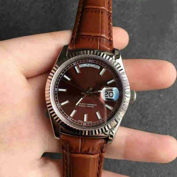 

2018 new fashion mens mechanical watch automatic movement watch 36mm mens black leather strap watches wristwatches, Slivery;brown