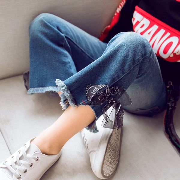 

girls' autumn 2020 children's medium and large children's trumpet girls bell pants jeans and jeans ' long foreign-style, Blue
