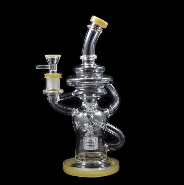 

10-дюймовый твердый Yelllow стекло Бонги Швейцарский Проц Ресайклер Водопроводные трубы 14MM Fab Egg Oil Rig Dab Showerhead